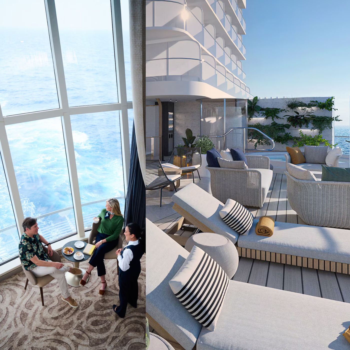 Guests connecting beside panoramic ocean windows aboard the cruise ship