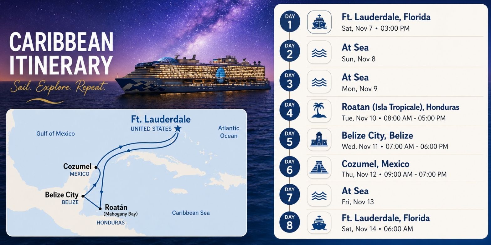 Think and Cruise Rich Founding Voyage itinerary — Fort Lauderdale, Roatán, Belize and Cozumel